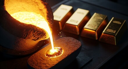 Molten gold pouring into mold beside bullion bars casting
