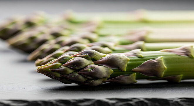 Close-up image of fresh asparagus spears arranged on a dark, textured surface, showcasing vibrant green vegetables.