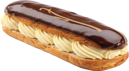 A classic chocolate éclair pastry filled with vanilla cream, topped with a glossy chocolate glaze