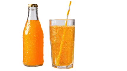 Orange soda with bubbles in a glass bottle and a straw on transparent background

