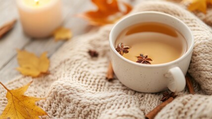 Overhead flat lay of tea cup with floating cloves and cinnamon on beige throw with dried maple leaves