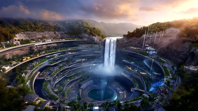 Futuristic circular city with a waterfall in a mountainous landscape cinematic view