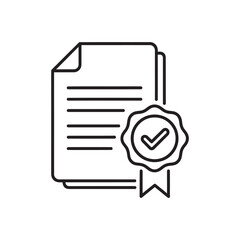 Line icon of a certified document with a ribbon seal and checkmark representing an official guarantee license or approved quality standard certificate vector stroke