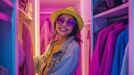 Stylish young woman smiling in a colorful closet with neon lights