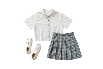 Light checkered crop top with matching plaid mini skirt and white canvas sneakers outfit, isolated on a transparent background