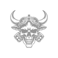 Illustration of Skull with Goggles and Horns Motorcycle Piston