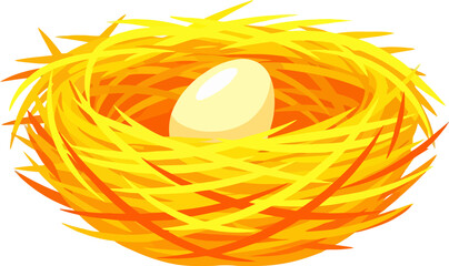 Yellow Bird Nest with Single Egg Isolated on White Background