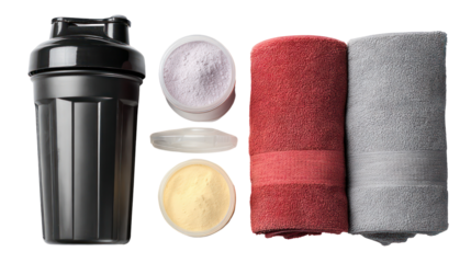 Pre-workout and post-workout supplements with shaker bottle on transparent background

