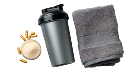 Pre-workout and post-workout supplements with shaker bottle on transparent background


