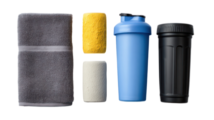 Pre-workout and post-workout supplements with shaker bottle on transparent background

