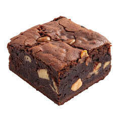 A fudgy chocolate brownie square with visible chunks of nuts and a crackly top