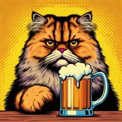 cat beer mug Friday happy serious pop art illustration alcohol drink beverage