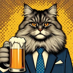 cat beer mug Friday happy serious pop art illustration alcohol drink beverage