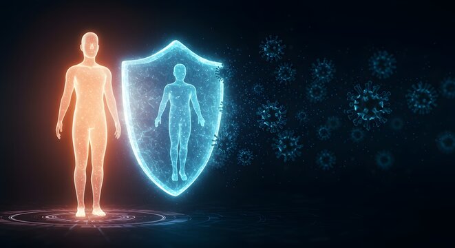 A glowing human figure stands protected by a shield against a swarm of viruses, illustrating immunity and defense against illness.