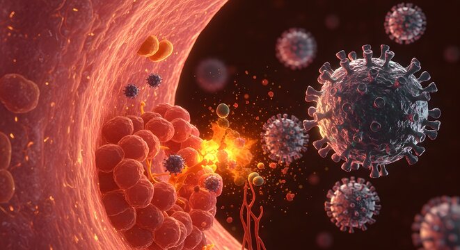 Microscopic view of red blood cells in a vessel being attacked by virus particles, causing inflammation and damage.