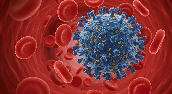 Virus particle within a blood vessel, surrounded by red blood cells, medical illustration.