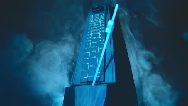 In the dark new, modern, black metronome, with a swinging pendulum, with backlighting in clouds of smoke. Closeup. Macro. Slow mo, slow motion, high speed camera, 200fps