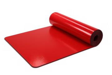 Unrolling red yoga mat on transparent surface, highlighting wellness, fitness, and relaxation with clean minimalist design