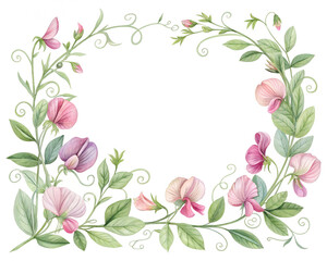 Naklejka premium Delicate Floral Frame with Sweet Pea Blossoms and Greenery