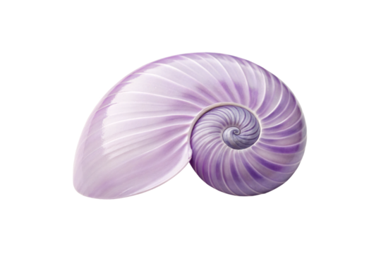 Pale lavender nautilus shell with prominent spiral chambers and smooth iridescent pearl-like surface, isolated on a transparent background