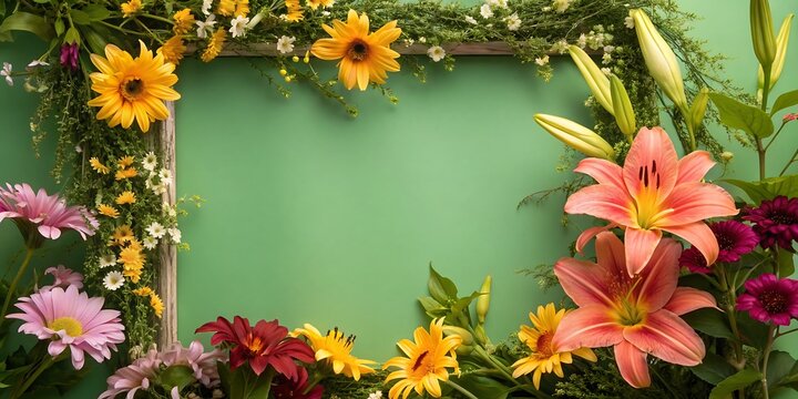 A square floral frame made of vibrant sunflowers lilies asters and greenery against a soft green background creating a beautiful decorative border for messages or designs - Powered by Adobe