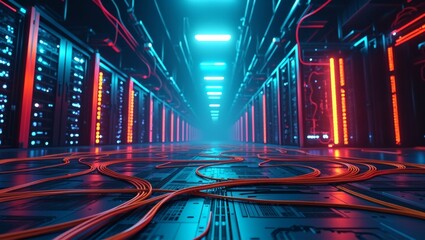 a data center illuminated with blue and orange lights, cables and servers present