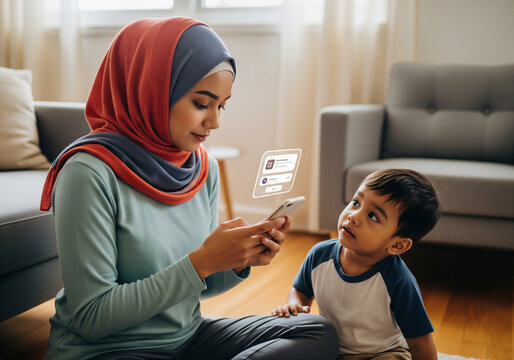 A young Muslim mother in a hijab interacts with futuristic social media notifications on a smartphone while her curious son watches.