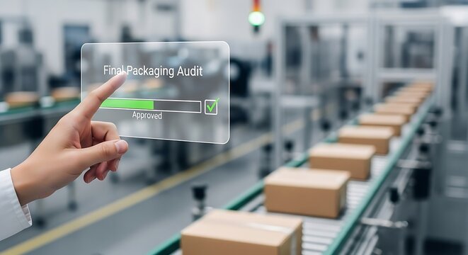 Hand approves packaging audit on digital screen finger