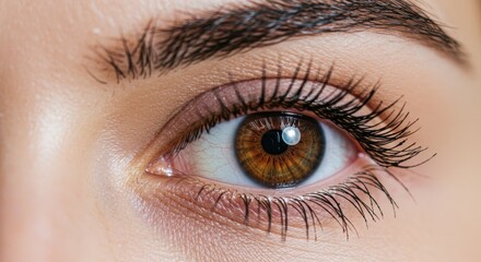 Obraz premium Close-up view showcases a vibrant brown eye with defined eyelashes and a slightly arched eyebrow on light skin