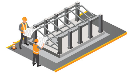 Isometric view of construction workers inspecting a building frame with a safety cone nearby