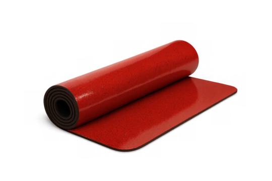 Burgundy yoga mat partially unrolled, showcasing textured surface ready for wellness routine against clean transparent backdrop