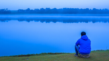 Fototapeta premium A person sitting on a hill overlooking a tranquil lake surrounded by lush green forests and mountains