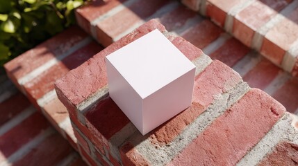 White cube on sunlit brick surface with shadows and texture details
