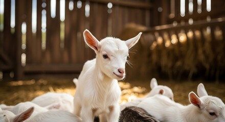 Fototapeta premium Adorable group of baby goats huddled together in a cozy barn setting full of hay