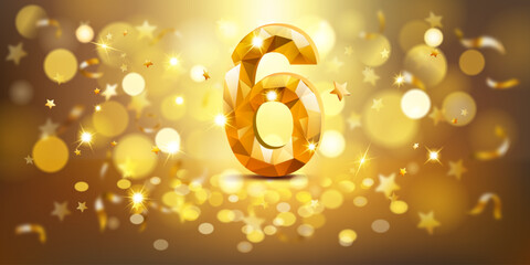 Golden number 6 with a faceted, gem-like appearance, set against a warm, golden background filled with soft bokeh lights and scattered golden stars, creating a festive and celebratory atmosphere.