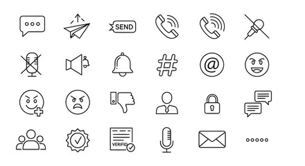 Set of thin line icons for digital communication and social media. Vector symbols for user interface design, notifications, and feedback.