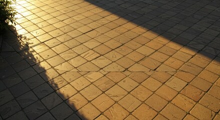 Sunlit Brick Pavers with Shadow Pattern, Outdoor Surface