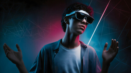 A young man wearing futuristic VR glasses interacts with a digital network in a neon-lit, high-tech environment.