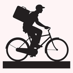 Silhouette of Delivery Man Riding Bicycle with Backpack Vector