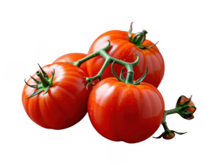 Fresh ripe red tomatoes with green stems isolated on a white background, showcasing vibrant color, detailed texture, and natural appearance, perfect for healthy food themes