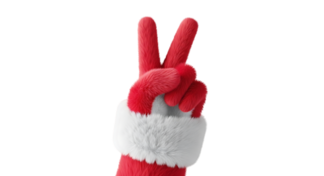 Fluffy red hand victory gesture isolated on a transparent background
