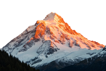 Snow-capped mountain peak glowing with golden sunset light against clear sky, isolated on a transparent background