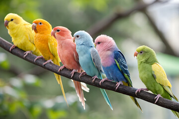 Colorful Tropical Birds on Tree Branch – Rainforest Wildlife Scene.