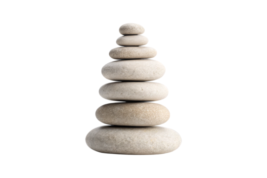 Seven smooth river stones stacked in perfect balance pyramid formation against clean white background, isolated on a transparent background