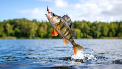 Perch fish jumping out of the water after taking the bait