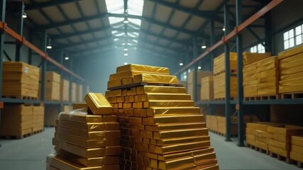 Stacks of gold bars in a warehouse facility with shelves full of boxes - Powered by Adobe