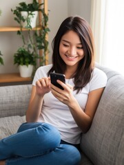 Engaging young woman using smartphone at home lifestyle cozy environment casual viewpoint digital connection