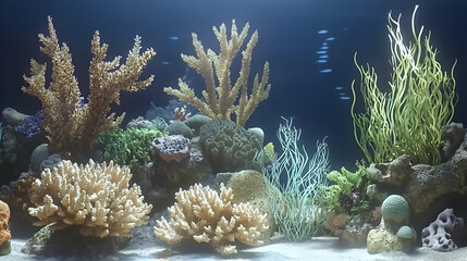 Obraz premium Underwater coral reef scene with vibrant colors and diverse marine life. Coral formations, various colors and shapes, aquatic plants, and fish swim among the coral. Sandy bottom