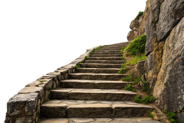 Ancient weathered stone staircase ascending upward through rocky cliff face with moss growing between aged steps, isolated on a transparent background