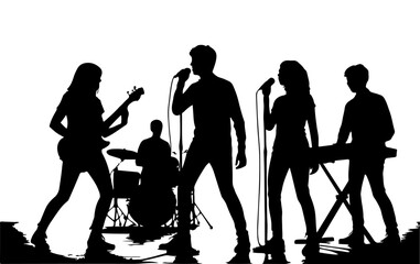 Silhouetted band performing live with instruments and microphones